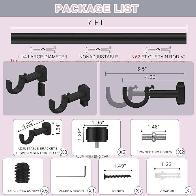 Heavy Duty Curtain Rods,1 1/4" Large Diameter Premium Nonadjustable Curtain Rod,84in/7ft Custom Window Treatment Rods with Durable Aluminum Brackets and End Caps,Black Finish