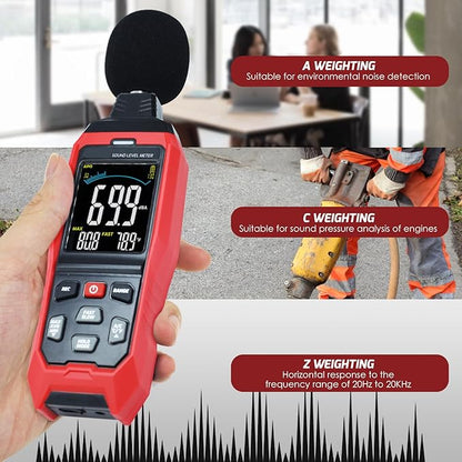 Decibel Meter with Data Logging Sound Decibel Meter Data Logger, 30~130dB Sound Level Meter with Audible Visual Alarm, Sound Meter with Export Data, PC Connection, Temperature, Analog Bar Indicator