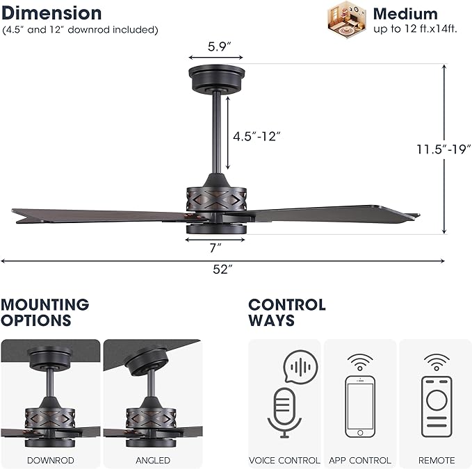 WINGBO 52" Smart Ceiling Fan with Lights, Black/Walnut Blades, 6 Speeds Reversible DC Motor, Works with Alexa and Google Assistant, 3CCT Dimmable LED Ceiling Fan for Bedroom Living Room, Black Finish