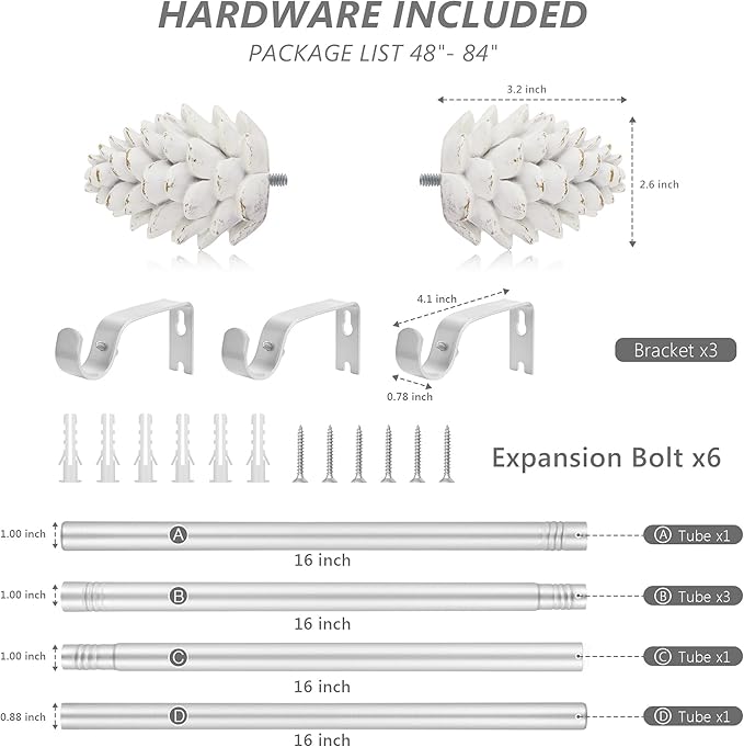 Silver Curtain Rods for Windows 48 to 84 Inches, 1 Inch Diameter Heavy Duty Single Curtain Rod, Adjustable Window Curtain Rod Drapery Rod with Decorative Finials