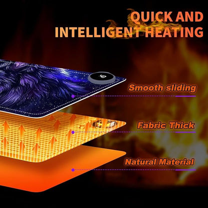 Heated Mouse Pad, Warm Desk Pad, Keyboard Mat 31.5 x 13 Inch Large Size Intelligent Fast Heating, 3 Speed Adjustable, Timed Auto Power Off for Game Office Home,Galaxy Wolf
