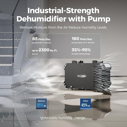 ALORAIR Crawlspace Dehumidifiers with Pump, 180 Pint Commercial Dehumidifier for Basements with Drain Hose, 2,300 Sq.Ft Auto Defrost Industry Crawl Spaces Dehumidifier