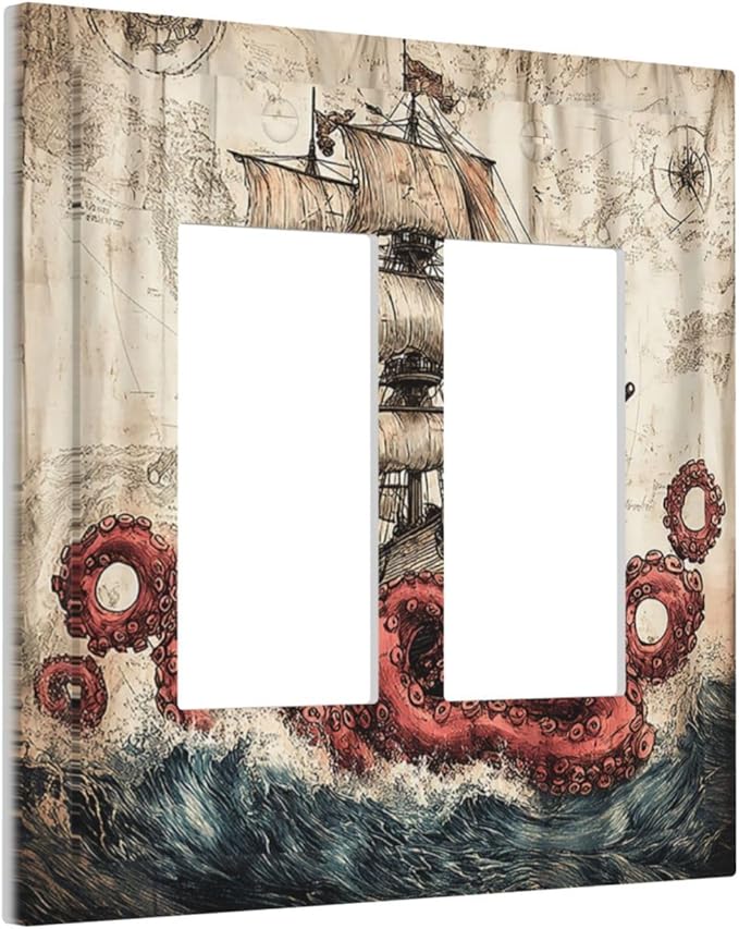 Decorative Outlet Covers Vintage Octopus Ocean Sailboat Bizarre Adventure 2 Gang Double GFCI Rocker Electrical Wall Panels Light Switch Cover Plate for Bathroom Kids room Decor