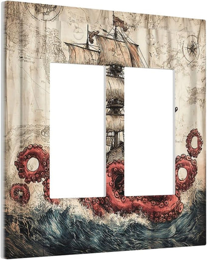 Decorative Outlet Covers Vintage Octopus Ocean Sailboat Bizarre Adventure 2 Gang Double GFCI Rocker Electrical Wall Panels Light Switch Cover Plate for Bathroom Kids room Decor