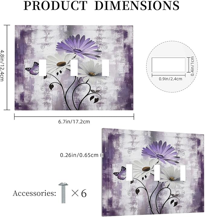 Light Switch Covers Purple Daisy White Floral Butterfly Flowers 3 Gang Wall Plates Triple Toggle Outlet Cover Decorative Switchplates Electrical Panel Cover for Kitchen Living Room 4.8 X 6.7 IN