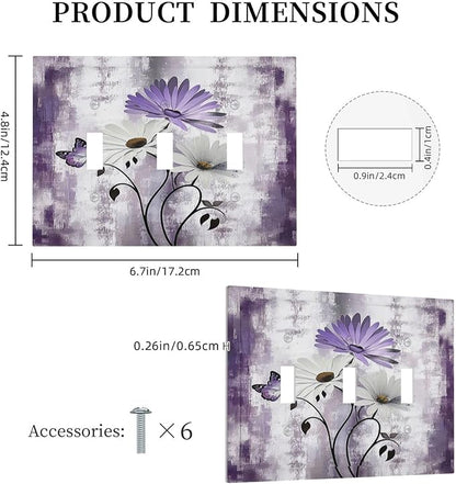 Light Switch Covers Purple Daisy White Floral Butterfly Flowers 3 Gang Wall Plates Triple Toggle Outlet Cover Decorative Switchplates Electrical Panel Cover for Kitchen Living Room 4.8 X 6.7 IN