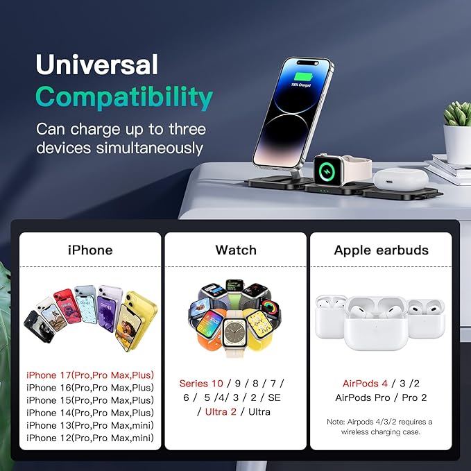 JARGO 3 in 1 Wireless Charging Station for Apple Devices, Foldable iPhone Charging Station for iPhone 17/16/15/14/13/12, Apple Watch & AirPods with Magsafe, Travel Essentials Wireless Charger (Black)