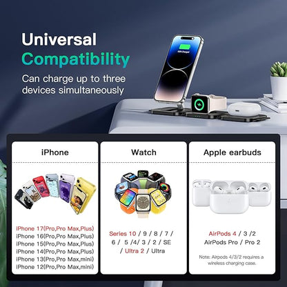 JARGO 3 in 1 Wireless Charging Station for Apple Devices, Foldable iPhone Charging Station for iPhone 17/16/15/14/13/12, Apple Watch & AirPods with Magsafe, Travel Essentials Wireless Charger (Black)