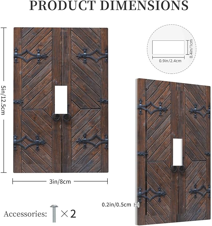 Decorative Light Switch Plate Covers Vintage Brown Wood Barn Door 1 Gang Light Switch Cover Plate Single Toggle Wall Plate Outlet Covers Faceplate for Farmhouse Home Decor （2 Pack）