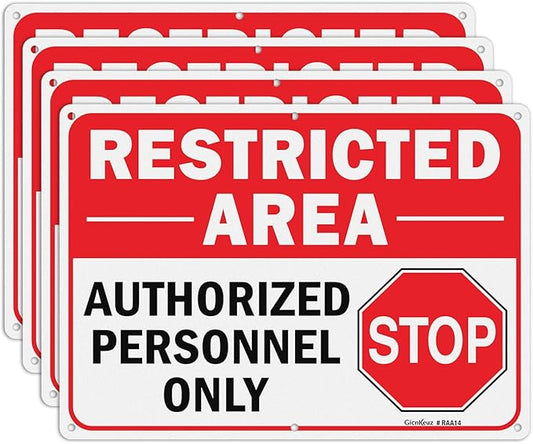 GicnKeuz Large Restricted Area Sign, 14x10 Inches Do Not Enter - Authorized Personnel Only Signs, Rust Free.40 Reflective Aluminum, Fade Resistant/Waterproof, 6 Pre-drilled Holes (4 Pack)