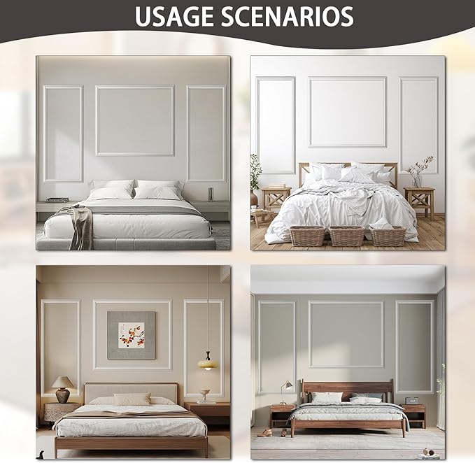 Bedroom Premade Accent Wall Molding Kit, Ready-to-Assemble Wainscoting Panels, Pre-Cut Chair Rail Moulding Trim for Living Room Home Décor
