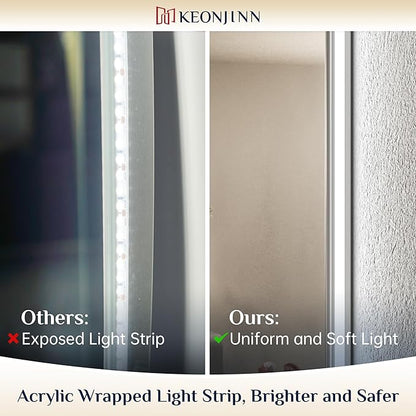 Keonjinn 28 x 36 Inch LED Bathroom Mirror with Backlit, Anti-Fog Vanity Mirror, CRI90+ HD Tempered Glass, Stepless Dimmable, High Lumen, UL Listed, Waterproof, Horizontal/Vertical