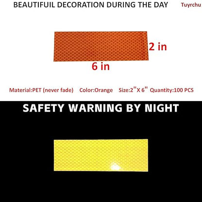 Non Fading Orange Reflective Stickers 2 inch X 6 inch, Outdoor Waterproof High Visibility Warning Safety Adhesive Reflector Tape (100 Pcs)