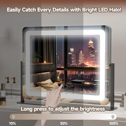 PRIMETEK Vanity Mirror with Lights, 22"x19" Large Makeup Mirror with Lights, LED Lighted Hollywood Makeup Mirror, Touch Sensor with 3-Color Lighting, Dimmable for Vanity Desk Tabletop, Bedroom, Black