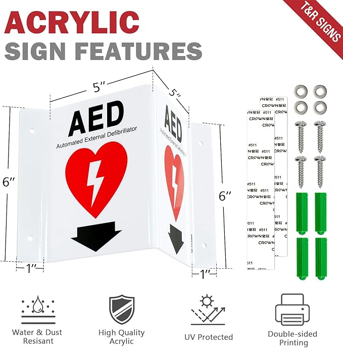 T&R AED Sign, Automated External Defibrillator with Down Arrow - 8 Pack - 8 x 6 Inches Acrylic, 4 pre-drilled holes, Includes Matching Screws, Use for Office/Business