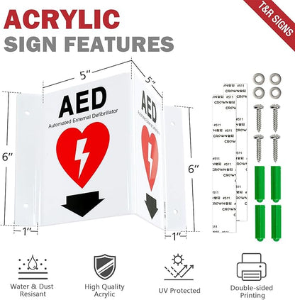 T&R AED Sign, Automated External Defibrillator with Down Arrow - 8 Pack - 8 x 6 Inches Acrylic, 4 pre-drilled holes, Includes Matching Screws, Use for Office/Business