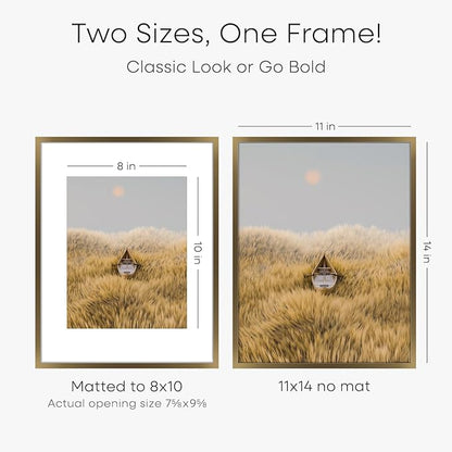 Homeforia 11x14 Bronze Picture Frame, High End Metal 11x14 Brass Frame with Mat 8x10, 11 x 14 Poster Frames Matted to 8 x 10 inch Photo, 11 by 14 Bronze Thin Frames, Tempered Glass, Wall Kit, Set of 2