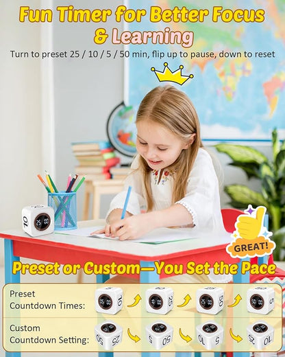 Pomodoro Timer Cube Visual Productivity Flip Timer for Kids Classroom Desk, 5/10/25/50min&Custom Countdown, Silent&Sound Mode Digital Cube for ADHD Study Work School Game Kitchen (White)