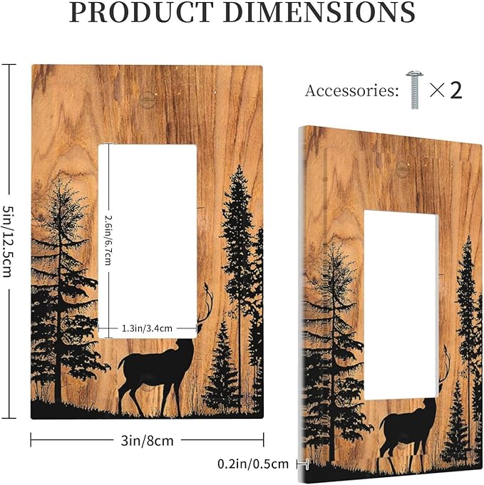 Decorative Outlet Covers Rustic Farmhouse Orange Brown Pine Tree Deer Wood Grain 1 Gang Single Rocker Light Switch Cover Plate Wall Plates GFCI Faceplate for living Room Cabin Decor