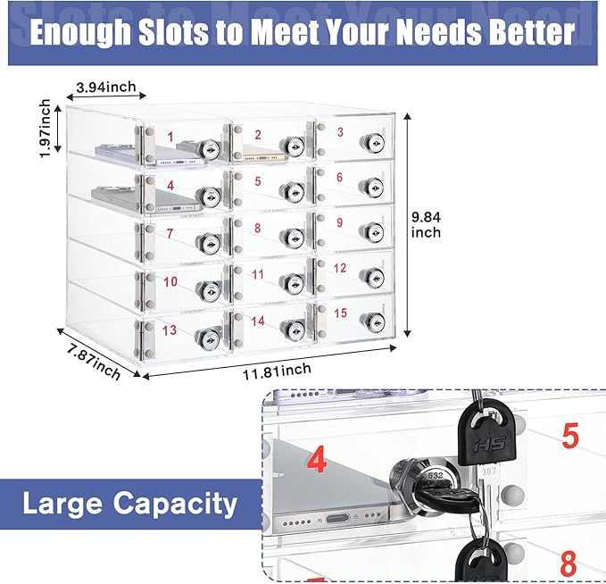 Layhit 15 Slots Cell Phone Locker Box for Classroom Clear Acrylic Cell Phone Storage Cabinet Bin with Door Locks for Classroom School Students Office Factory Employees