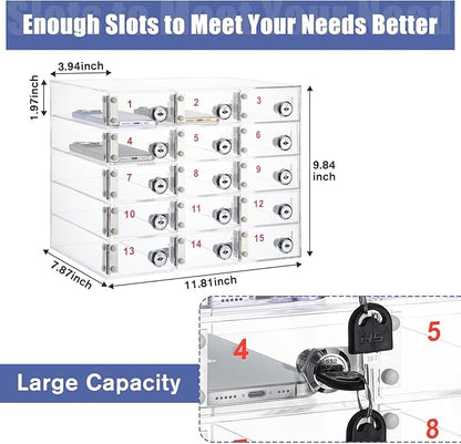 Layhit 15 Slots Cell Phone Locker Box for Classroom Clear Acrylic Cell Phone Storage Cabinet Bin with Door Locks for Classroom School Students Office Factory Employees