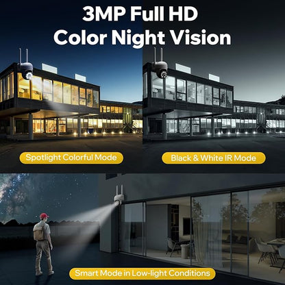 Camcamp 3MP Wireless Security Camera Outdoor, PTZ Camera, Panoramic View, Color Night Vision, WiFi Connect to NVR Security Camera System with 7" Monitor/Use Alone, Plug-in Power Cable, CCTV Indoor