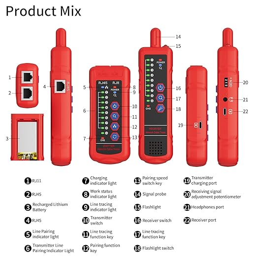 Network Cable Tester, RJ11 RJ45 CAT5 CAT6 Ethernet LAN Wire Tracer with Headphone Jack and Signal Strength Indicator, for Noisy Environments