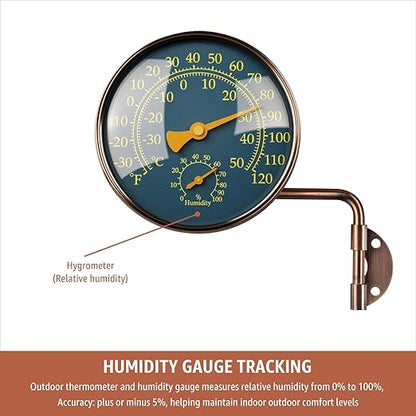 4-Inch Outdoor Thermometer and Humidity Gauge, Window Thermometer for Outside Temperature and Humidity Monitor, Brass Analog Dial, Battery-Free for Patio, Garage, Greenhouse, Garden, Wall