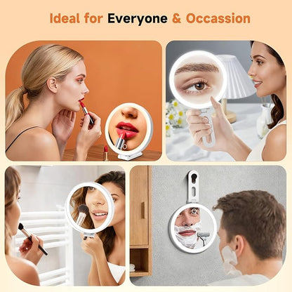 Travel Makeup Mirror with Lights, Lighted Magnifying Mirror 10X, 4-in-1 Portable for Handheld, Tabletop, Hanging and Wall Mount with Suction Cup and 3 Color Light, Ideal Gift for Women and Seniors