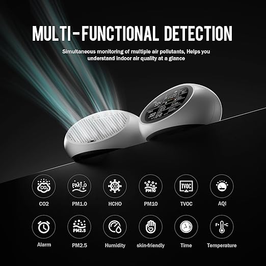 18 in 1 Air Quality Monitor Indoor, Portable CO2 Detector for CO2, Temperature (°F), Humidity, VOC, PM2.5, PM1.0, PM10 & Time Display, 【Dual Chip & High Accuracy】Air Quality Tester for Home