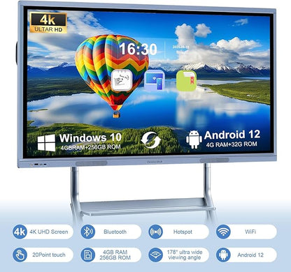 55'' Smart Board, 8+256 GB Interactive Whiteboard, 4K Electronic Digital Whiteboard with Dual System, Android iOS 12.0, Touchscreen Smart Board for Classroom, Office and Home (Wall Mount Included)