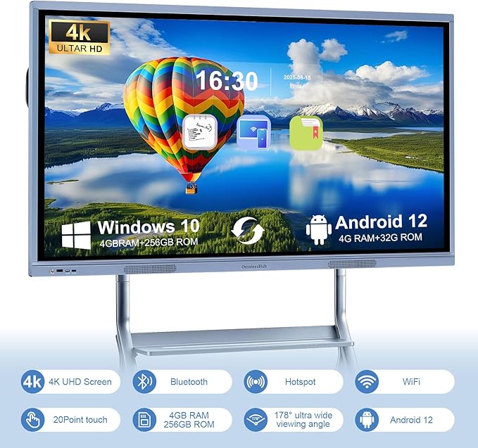 55" Smart Board, 4K Digital Whiteboard with Dual System (Android/Windows), Interactive Whiteboard, Smart Board for Classroom, Office & Home (Wall Mount Included)
