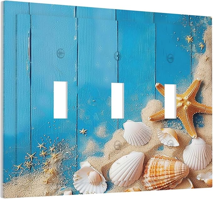 Decorative Switch Plates Blue Wood Grain Beach Shell Starfish 3 Gang Wall Plate Triple Toggle Light Switch Cover Faceplate Electrical Wall Panels for Bathroom Farmhouse Decor