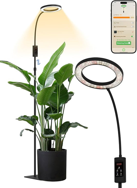 GLOWRIUM Smart Grow Lights for Indoor Plants, 24W Full Spectrum Plant Lights with Bluetooth App, Adjustable Height 47-70.9", Auto Timer, Indoor Plant Lamp for Large Tall Plants（Black 24W）