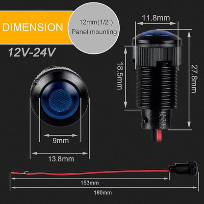 5pcs 12mm 12V-24V LED Indicator Light Plastic Black Signal Dot Lamp 1/2 inches Mounting Hole Size with 15cm/5.9in. Wire (Blue LED)