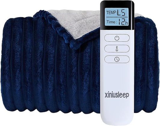 Heated Blanket Electric Blanket 50"x60", Soft Flannel Sherpa Electric Throw with 5 Heating Level & 12 Times Setting, Heated Throw with Overheating Protection, Machine Washable (Navy Blue)