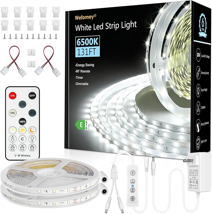 White LED Strip Lights, 131ft Dimmable 24V LED Lights Strip 6500K Bright Daylight White, Flexible Tape Lights for Bedrooms, Kitchen, Cabinet, Christmas Decor, 2 Rolls of 65.6ft