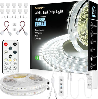 White LED Strip Lights, 131ft Dimmable 24V LED Lights Strip 6500K Bright Daylight White, Flexible Tape Lights for Bedrooms, Kitchen, Cabinet, Christmas Decor, 2 Rolls of 65.6ft
