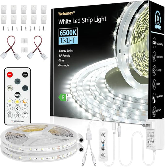 White LED Strip Lights, 131ft Dimmable 24V LED Lights Strip 6500K Bright Daylight White, Flexible Tape Lights for Bedrooms, Kitchen, Cabinet, Christmas Decor, 2 Rolls of 65.6ft