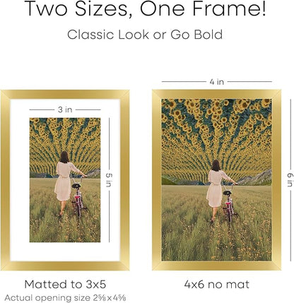 Homeforia 4x6 Picture Frame Gold, High End Metal 4 x 6 Gold Frames with Mat 3 x 5 for Print, 4by6 Desk Frame Matted to 3x5 inch Photo, 4 by 6 Wall or Tabletop Frame, Tempered Glass, Wall Kit, Set of 2