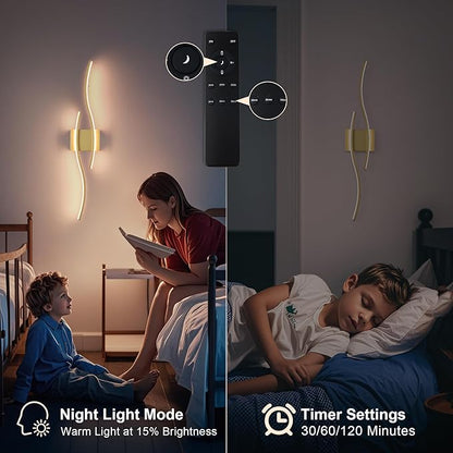 Battery Operated Wall Sconces Set of Two with Remote Control, Dimmable/3 Colors/Night-Light/Timer/Memory, Gold Modern Wireless LED Sconce for Living Room, Hallway, Bedroom, 31.4 Inch (2 Pack)