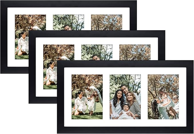 Golden State Art, Set of 3, 9x18 Black Wood Frame - White Mat for Three 5x7 Pictures - Sawtooth Hangers- Swivel Tabs - Wall Mounting - Landscape/Portrait - Real Glass - Collage Frame