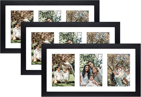 Golden State Art, Set of 3, 9x18 Black Wood Frame - White Mat for Three 5x7 Pictures - Sawtooth Hangers- Swivel Tabs - Wall Mounting - Landscape/Portrait - Real Glass - Collage Frame