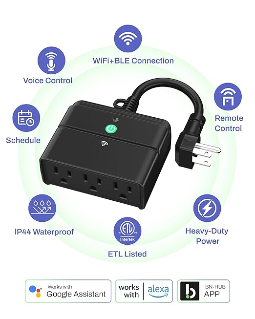 BN-LINK Smart Wi-Fi Outdoor Smart Plug, Heavy Duty Wi-Fi & Bluetooth Smart Plug with 3 Outlets, Alexa Smart Plugs for Alexa Devices & Google Assistant, Weatherproof IP44, No Hub Required, ETL Listed