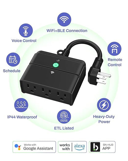 BN-LINK Smart Wi-Fi Outdoor Smart Plug, Heavy Duty Wi-Fi & Bluetooth Smart Plug with 3 Outlets, Alexa Smart Plugs for Alexa Devices & Google Assistant, Weatherproof IP44, No Hub Required, ETL Listed