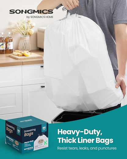 SONGMICS Trash Bags for 13-Gallon (50 L) Trash Cans, Drawstring Kitchen Garbage Bags, Pre-Separated, Quick-Dispense Box, Liner Code K, 4 Rolls, 160 Count, White UKRB051A04