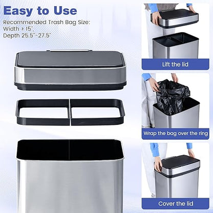 Goplus 16 Gal Automatic Trash Can, Stainless Steel Motion Sensor Trash Can with 2 Compartments, Quick Response & Soft Close Lid, Touchless Compact Garbage Bin for Kitchen, Bedroom, Bathroom and Office
