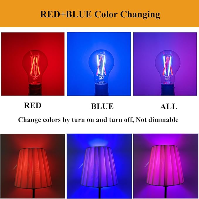 3 Color Temperature LED Bulb E26 Medium Base 60W Equivalent, Red and Blue Color Changing Light Bulb 3CCT A19 LED 6W Clear Glass, Not Dimmable, 2 Pack