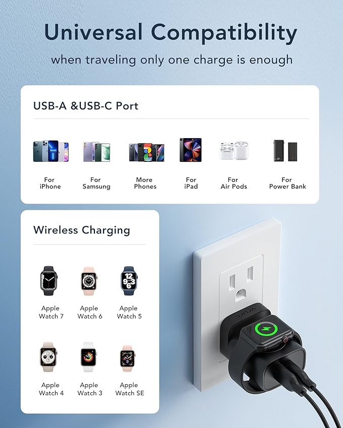 VRURC Charger for iPhone & Apple Watch, 20W USB C Fast Charging Block, 3-in-1 Compact Travel Adapter with 2 Port for iPhone 17/16/15/14/13, Wireless Magnetic for iWatch SE/11/10/9/8/7/6/5/4-Black