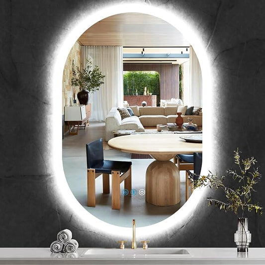 40 x 20 Inch Oval Backlit Mirror 3 Color Adjustable Brightness Backlits Oval Lighted Vanity Mirror for Bathroom Wall Horizontal Vertical Mount Antifog 40" Frameless LED Backlit Ovals Mirrors